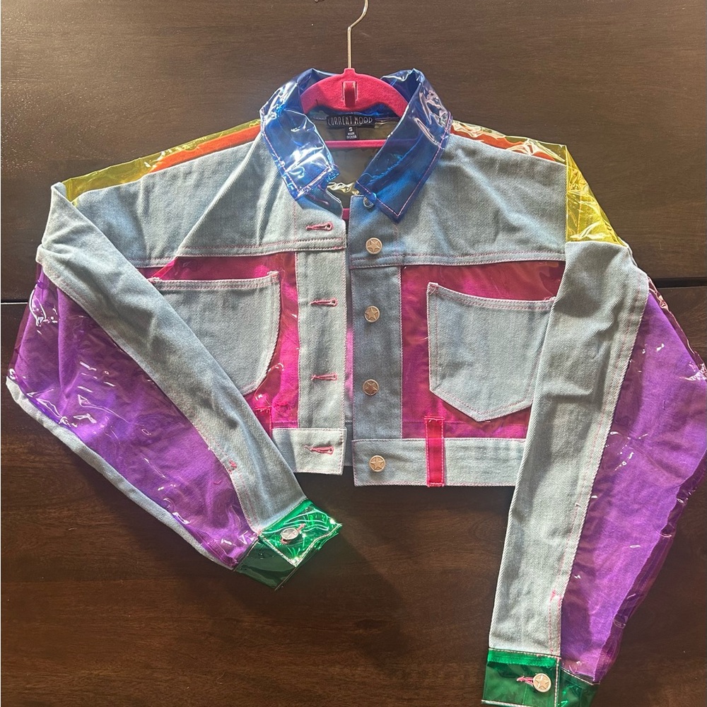 Current Mood Blue and Pink Cropped Jean Jacket with Patchwork Design